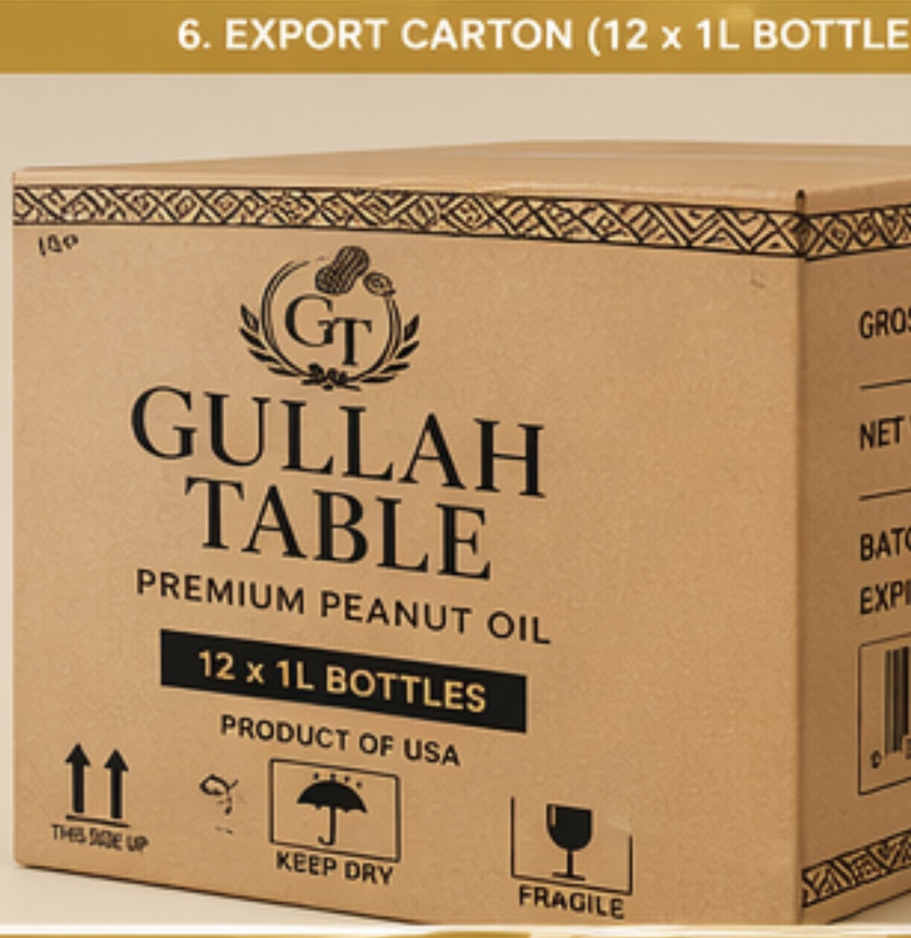 Gullah Table Oil export carton — 12 x 1L bottles, Product of USA