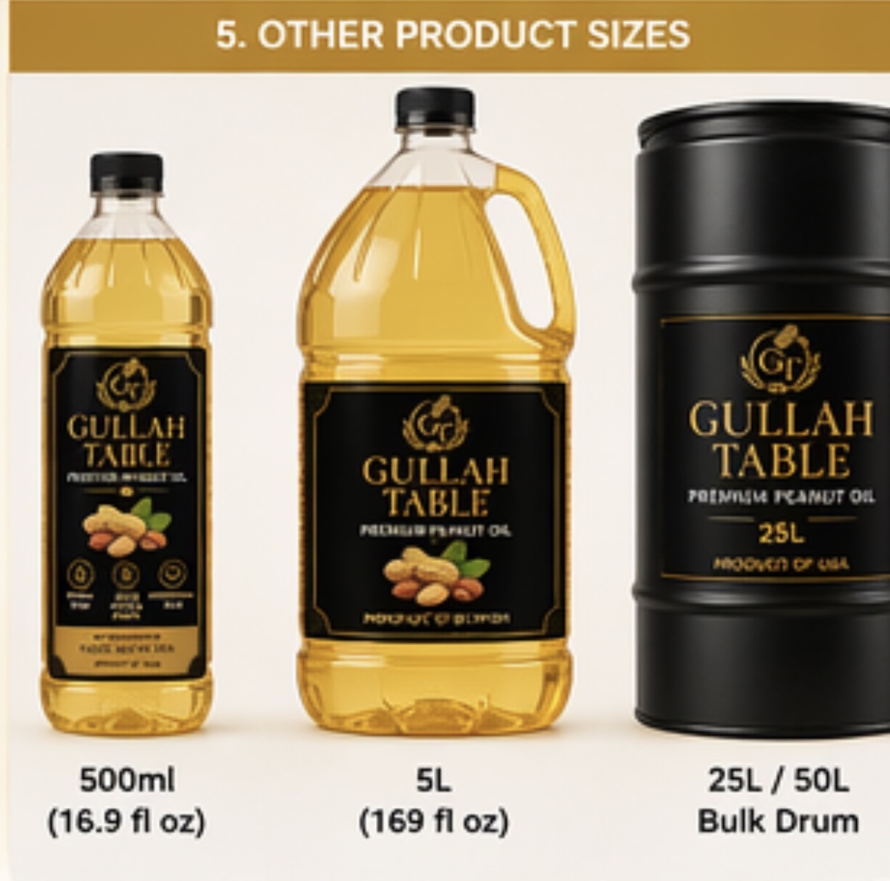 Gullah Table Oil product sizes — 500ml, 5L bottle and 25L bulk drum