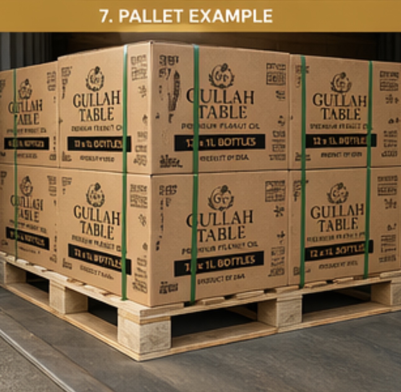 Gullah Table Oil pallet — stacked export cartons ready for shipping